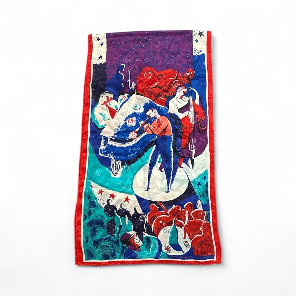 VNTG Perry Ellis 100% silk scarf 1960’s Paris beatnik  scene 58”x15” purple /red